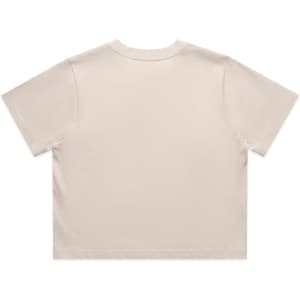 A cream-coloured cropped t-shirt with short sleeves and a plain back. It features a logo on the back.