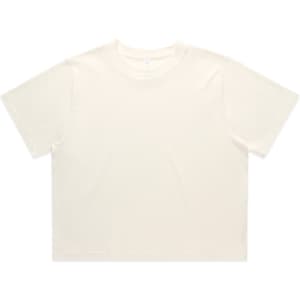 A classic crop tee in a soft cream colour with a loose fit, featuring a subtle logo on the neckline.