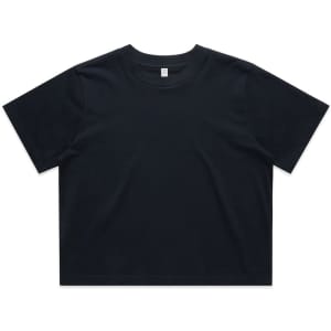 A black cropped t-shirt with a crew neck and short sleeves. It features a logo on the front.