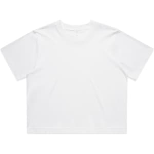 A white cropped t-shirt with a relaxed fit. It features short sleeves and a simple design, including a logo.