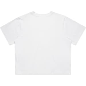 A white classic crop tee featuring a simple design and short sleeves, with a logo on the back.