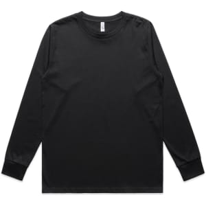 A black long-sleeve T-shirt with a crew neck and a logo on the label.