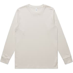 A beige long-sleeve t-shirt with a round neckline and a logo on the label. Features subtle cuffed sleeves.
