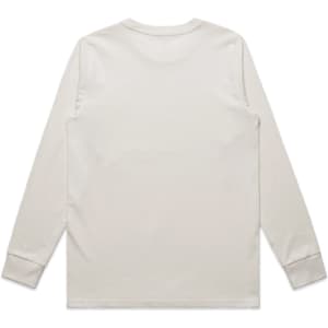 A long-sleeve beige t-shirt featuring a plain back and cuffed sleeves, with a logo present.
