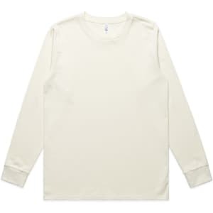 A long-sleeve t-shirt in a light cream colour, featuring a plain design and a logo on the neckline.