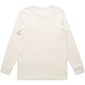 A long-sleeve tee in a light cream colour with a simple design and fitted cuffs. Features a logo on the back.