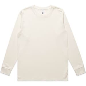 A classic long-sleeve T-shirt in a light cream colour with contrasting cuffs and a logo.