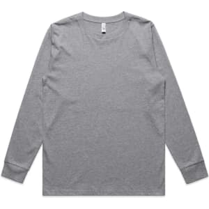 A long-sleeved grey T-shirt with a crew neck and a brand logo on the label.