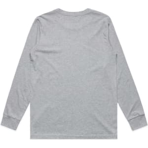 A grey long-sleeve t-shirt featuring a plain back and fitted sleeves, with a logo on the label.