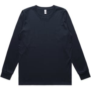 A long sleeve tee in navy blue with a simple design and a tag. It features a logo on the inside.