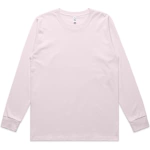 A pale pink long-sleeve t-shirt with a round neck and a logo on the label.