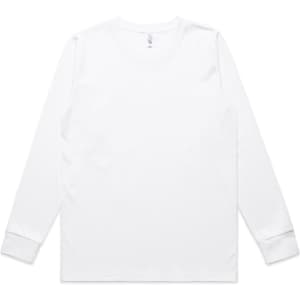 A long-sleeve white T-shirt with a simple design and branding on the tag.