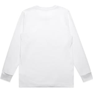 A white long-sleeve T-shirt with a plain back and cuffs, featuring a logo on the front.