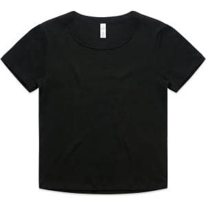 A black baby tee with a rounded neckline and short sleeves. The shirt features a logo on the back.
