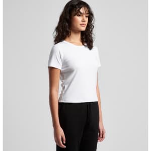 A plain white organic rib baby tee featuring a fitted design, styled with cropped sleeves and a crew neckline.