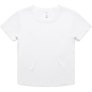 A white short-sleeved baby tee featuring a scoop neckline and a tag at the back. It has a simple design.