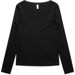 A long-sleeve, scoop neck t-shirt in black, featuring a simple design and a tag at the neck.