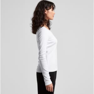 A long-sleeve white tee with a fitted design, displayed from the side. The shirt features a branding logo.