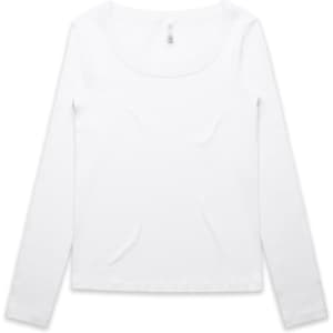 A long-sleeved white t-shirt with a scoop neckline and a small logo on the label.
