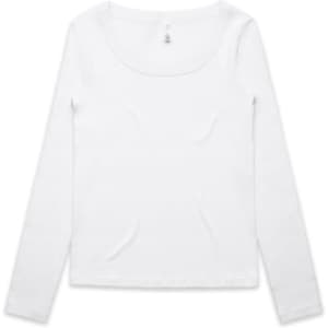 A long-sleeve white tee with a scoop neckline and a small logo on the back.