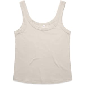 A light beige singlet with a scoop neckline and wide straps. The garment features a logo.