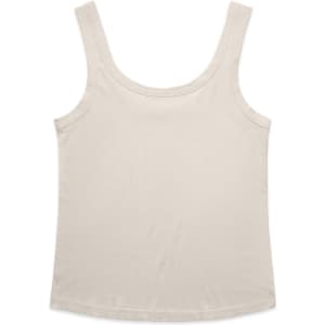 A cream singlet top with a round neckline and wide straps, featuring a subtle branding logo.