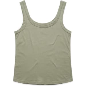 A soft, olive green singlet with a rounded neckline and thin straps. It features a logo tag.