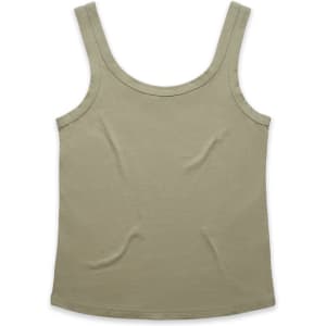 A khaki singlet with a scoop neckline and no sleeves. The garment has a simple design and includes a logo.