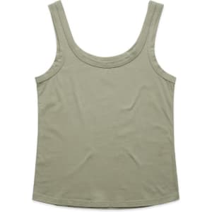 A soft green singlet with a rounded neckline and wide straps, featuring a logo.