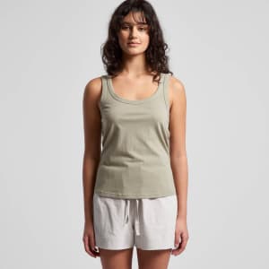 A light olive green singlet top with a scoop neckline, paired with white shorts. It features a branding logo.