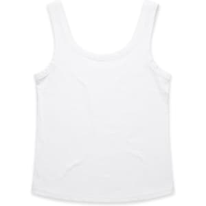 A white singlet with a scoop neckline, featuring a brand logo. The fabric appears soft and lightweight.