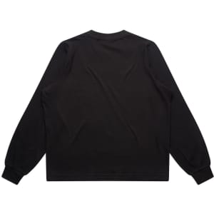 A black long-sleeve t-shirt featuring a simple design and a logo on the back.
