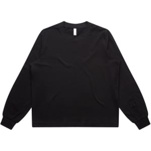 A black long-sleeve T-shirt featuring a simple design and a rounded neckline. It has a logo on the label.
