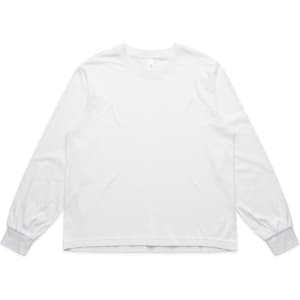 A long-sleeve white T-shirt featuring a round neckline and fitted cuffs, with a brand logo visible.