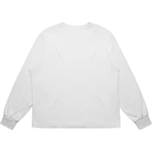 A white long-sleeve T-shirt featuring a plain back and cuffed sleeves. It has a logo on the front.