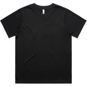 A black t-shirt with short sleeves and a round neck, featuring a logo on the inside label.