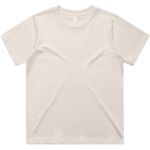 A beige short-sleeved t-shirt with a plain design and a logo. Suitable for casual wear.
