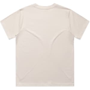 A plain cream-coloured T-shirt with short sleeves, featuring a logo on the back.