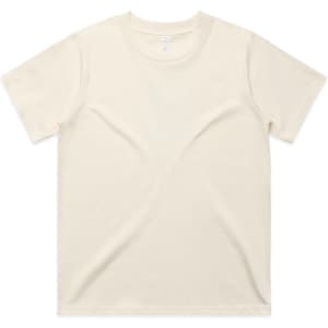 A cream-coloured t-shirt with short sleeves, featuring a plain design and a branding logo.