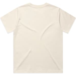 A classic beige t-shirt with short sleeves and a plain back, featuring a logo. Ideal for casual wear.