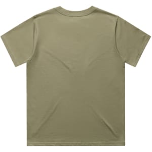 A plain olive green t-shirt with a round neckline and short sleeves, featuring a logo on the back.