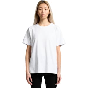 A white t-shirt with a relaxed fit, featuring a simple design and a logo on the front.