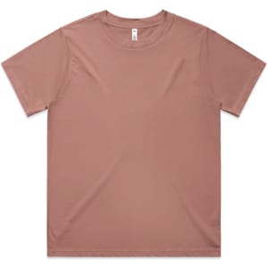 A brown t-shirt with short sleeves and a round neckline, featuring a branding label inside.