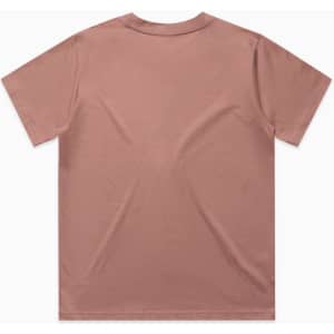 A pink T-shirt featuring a simple design and a logo at the back.