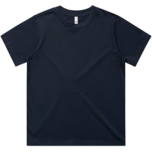 A navy blue t-shirt with a classic cut and short sleeves, featuring a logo on the label.