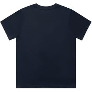A navy blue t-shirt featuring a simple design and a logo on the back.