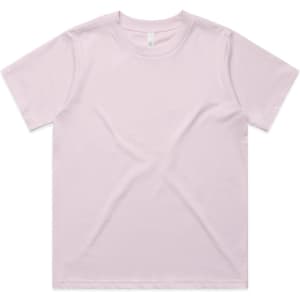 A pale pink t-shirt with a round neckline and short sleeves, featuring a logo on the label.