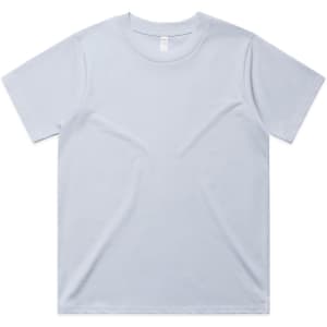 A light blue t-shirt with a round neckline and short sleeves, featuring a logo on the label.