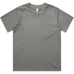 A grey T-shirt with a classic fit, featuring a simple design and a logo tag on the inside label.