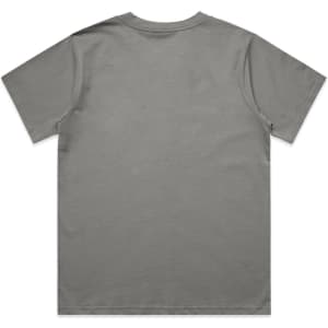 A grey t-shirt featuring a plain back design and a standard fit. It has a logo on the neckline.